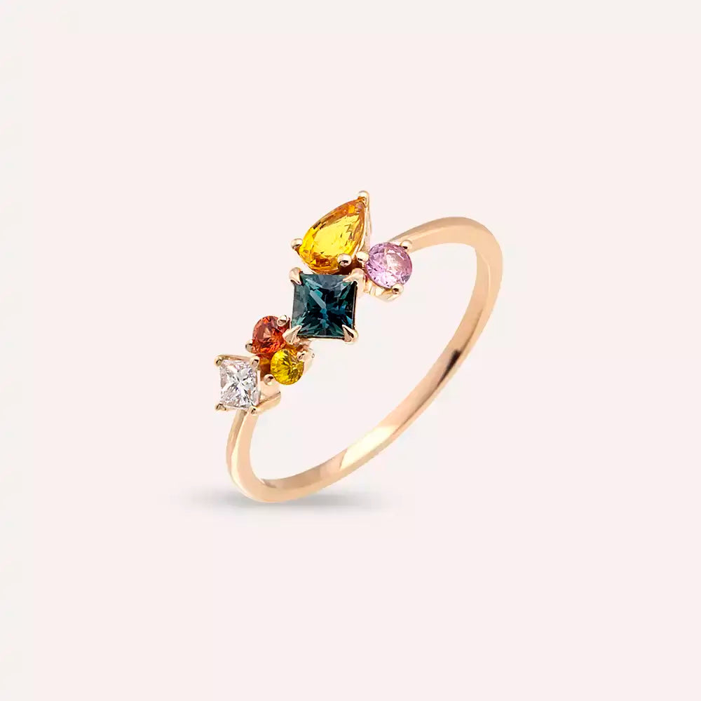 0.91 CT Multicolor Safir ve Pırlanta Taşlı Rose Altın Yüzük