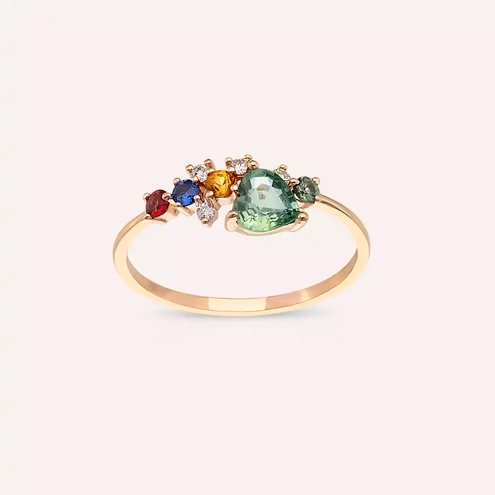 0.92 CT Multicolor Safir ve Pırlanta Taşlı Rose Altın Yüzük