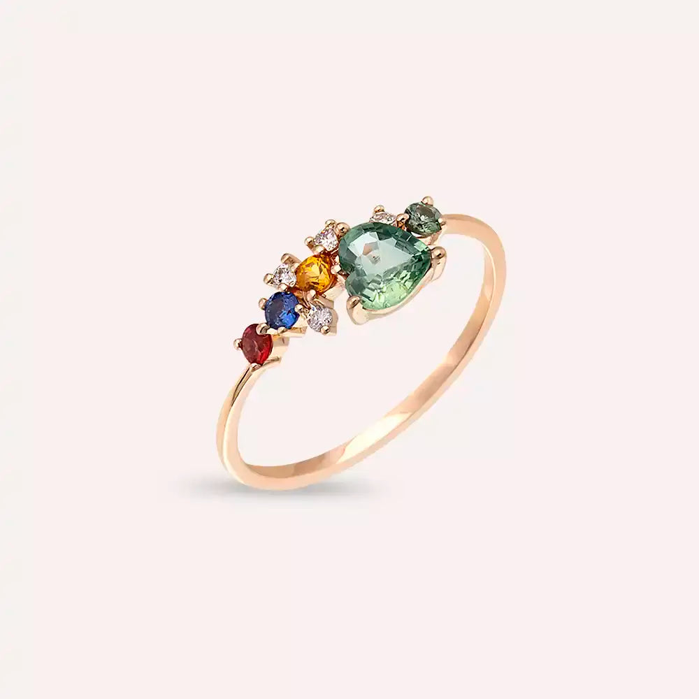 0.92 CT Multicolor Safir ve Pırlanta Taşlı Rose Altın Yüzük