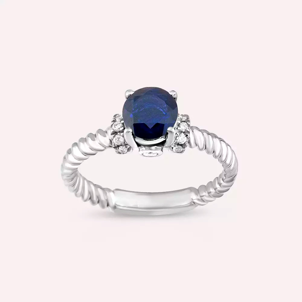 0.99 CT Safir ve Pırlanta Taşlı Beyaz Altın Yüzük