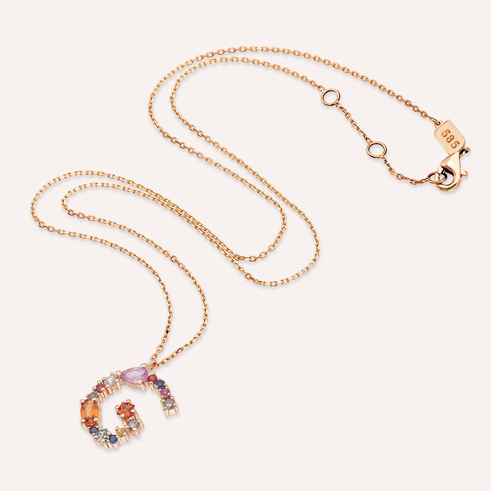 1.00 CT Brown Pırlanta ve Multicolor Safir Taşlı G Harf Kolye