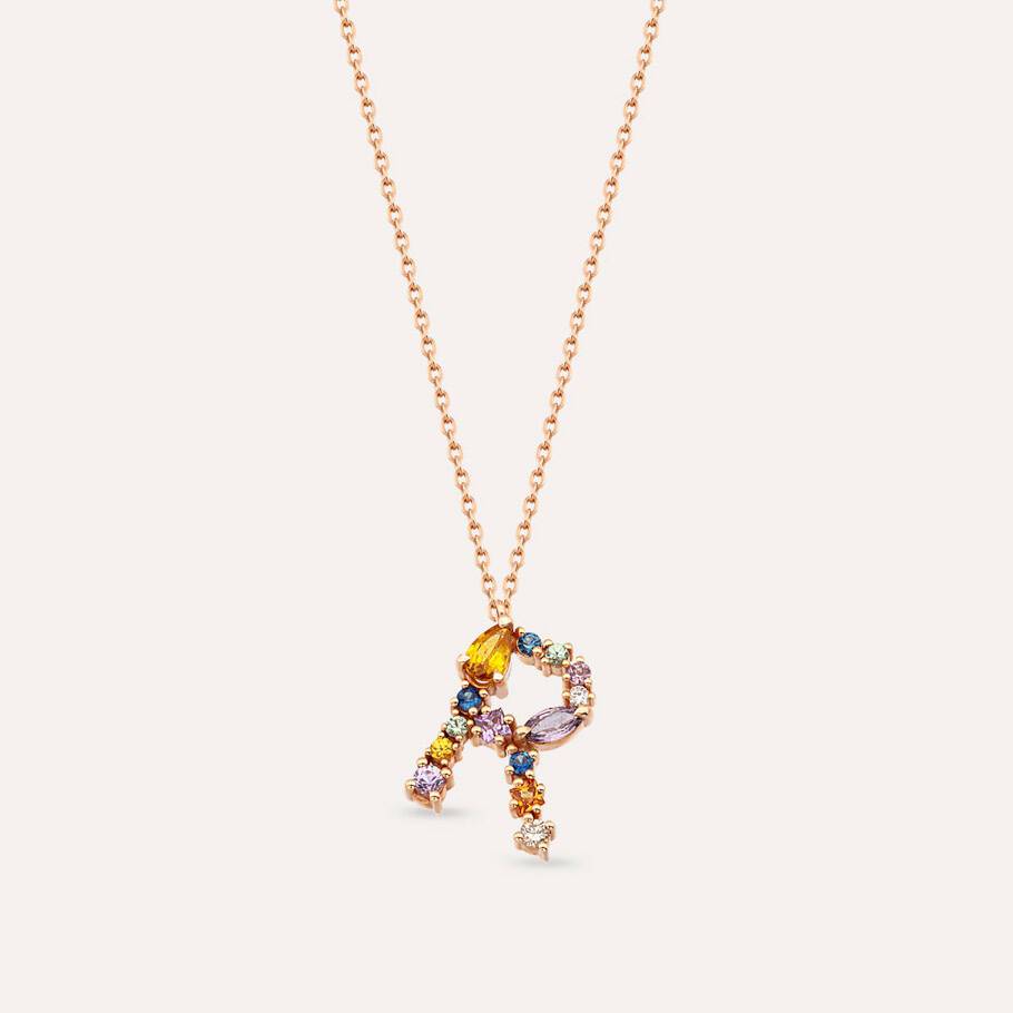 1.00 CT Brown Pırlanta ve Multicolor Safir Taşlı R Harf Kolye