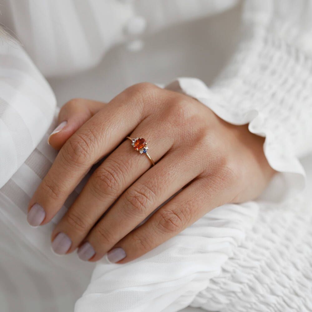 1.00 CT Multicolor Safir ve Pırlanta Taşlı Sarı Altın Yüzük