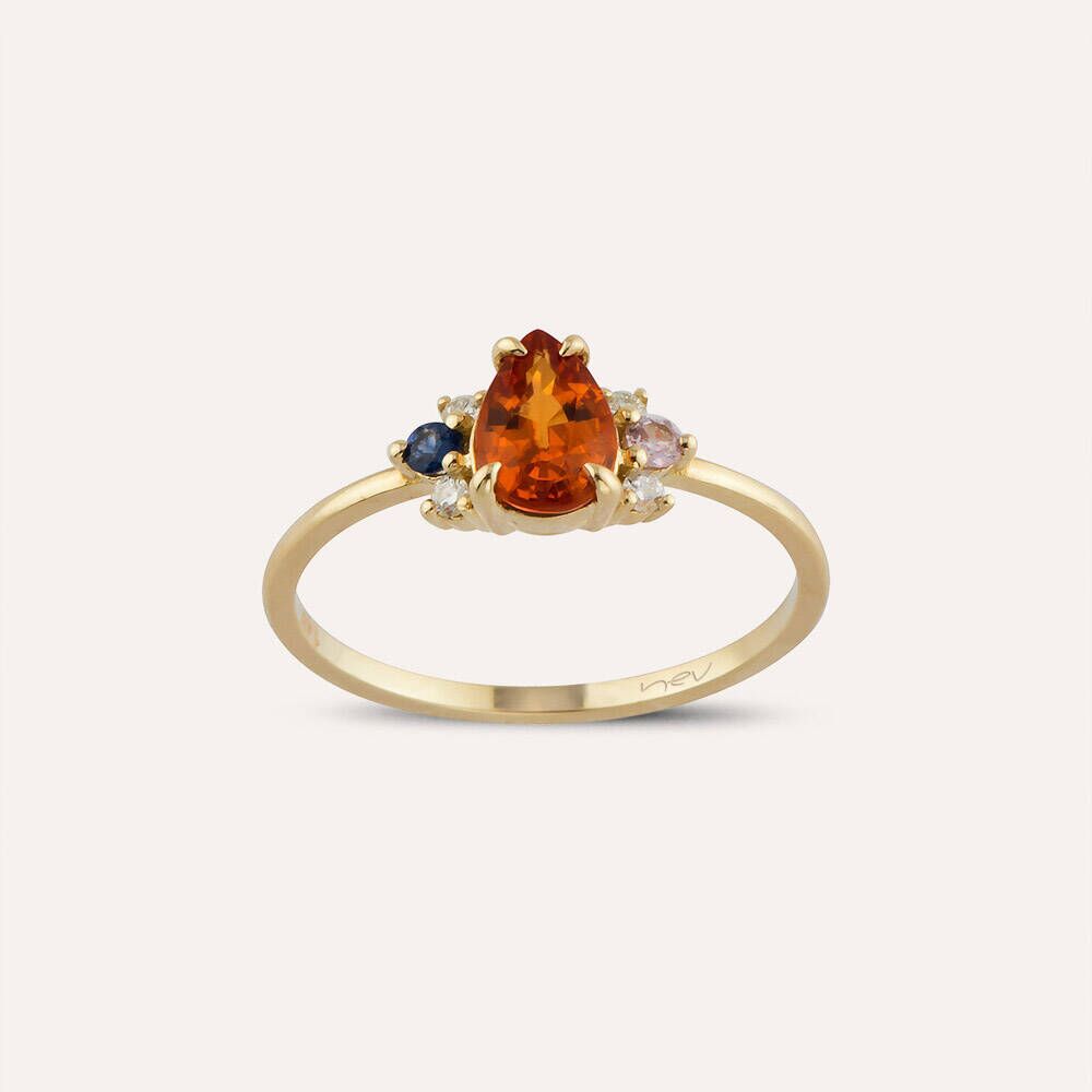 1.00 CT Multicolor Safir ve Pırlanta Taşlı Sarı Altın Yüzük