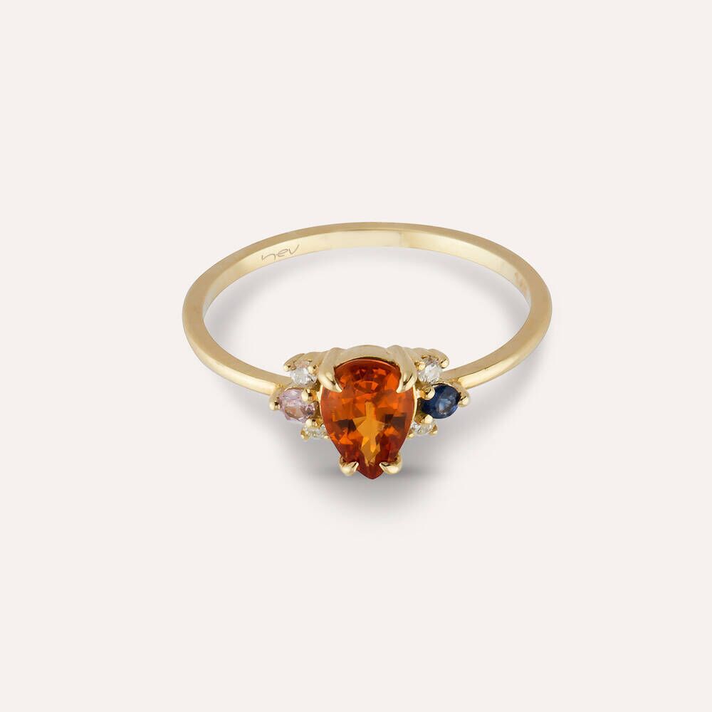 1.00 CT Multicolor Safir ve Pırlanta Taşlı Sarı Altın Yüzük