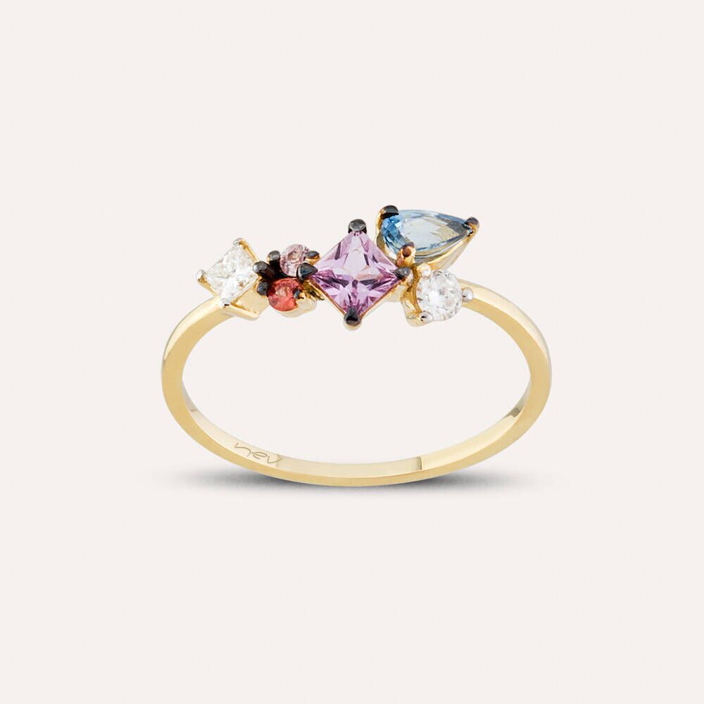 1.00 CT Multicolor Safir ve Pırlanta Taşlı Sarı Altın Yüzük