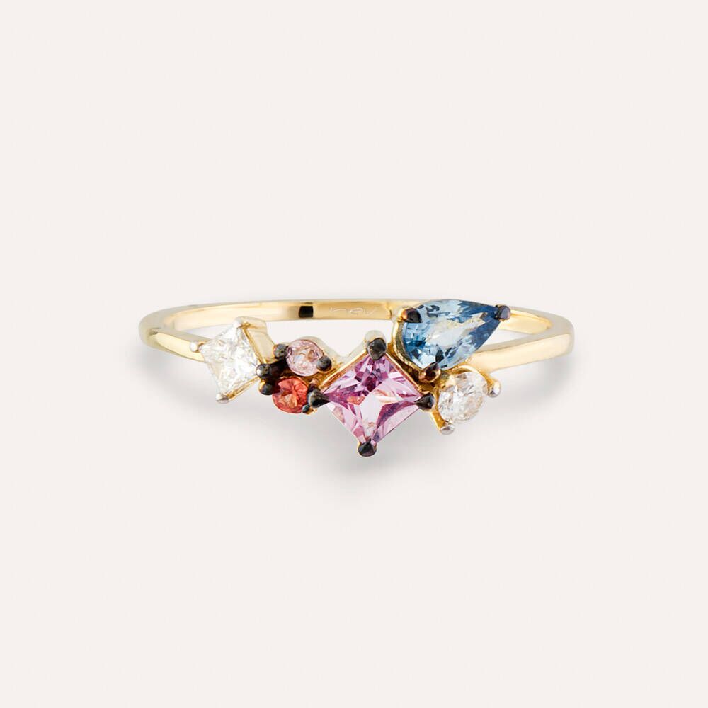 1.00 CT Multicolor Safir ve Pırlanta Taşlı Sarı Altın Yüzük