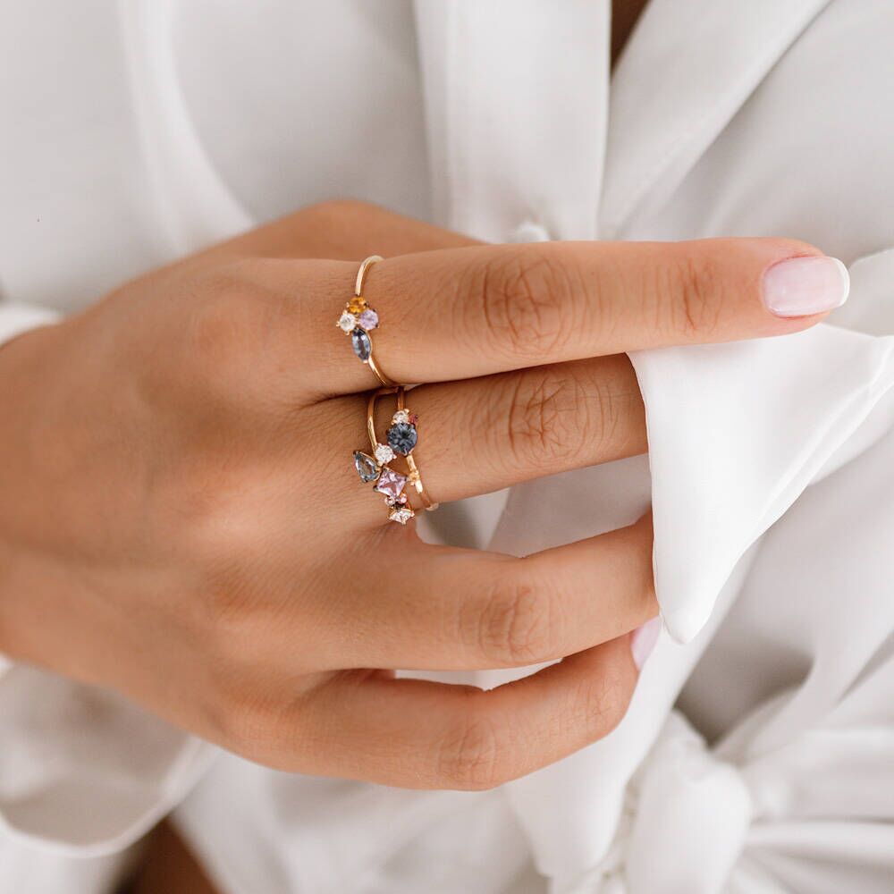 1.00 CT Multicolor Safir ve Pırlanta Taşlı Sarı Altın Yüzük