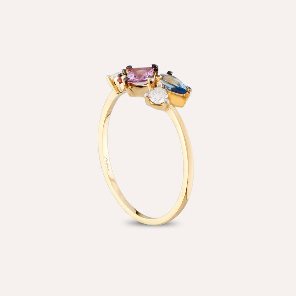1.00 CT Multicolor Safir ve Pırlanta Taşlı Sarı Altın Yüzük