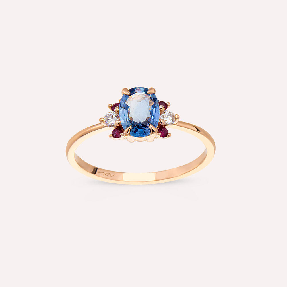 1.04 CT Multicolor Safir, Yakut ve Pırlanta Taşlı Rose Altın Yüzük