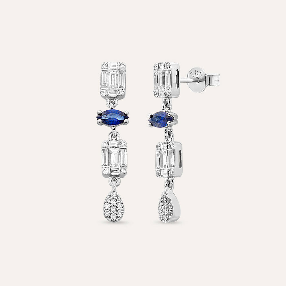1.17 CT Safir ve Baget Pırlanta Taşlı Beyaz Altın Küpe