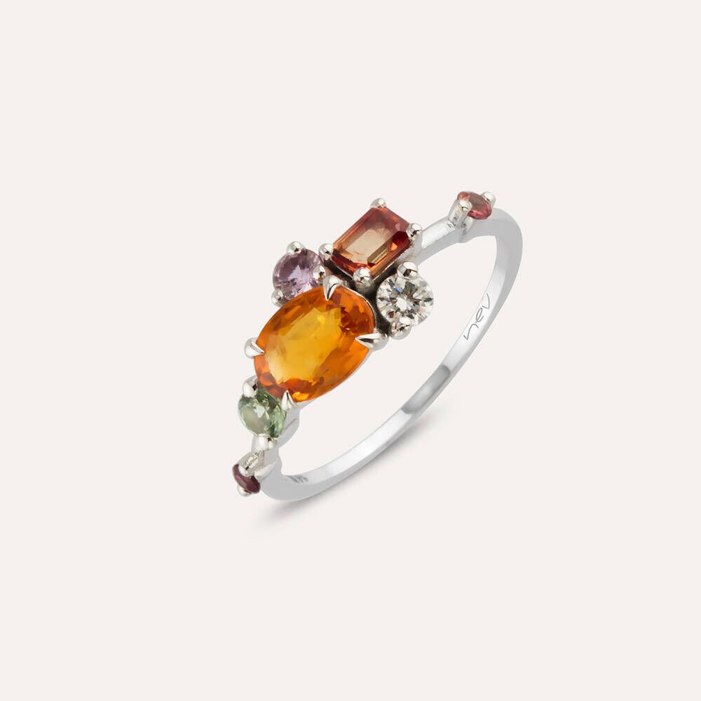 1.38 CT Multicolor Safir ve Pırlanta Taşlı Beyaz Altın Yüzük