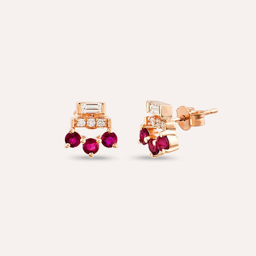 1.48 CT Baget Pırlanta ve Yakut Taşlı Rose Altın Küpe