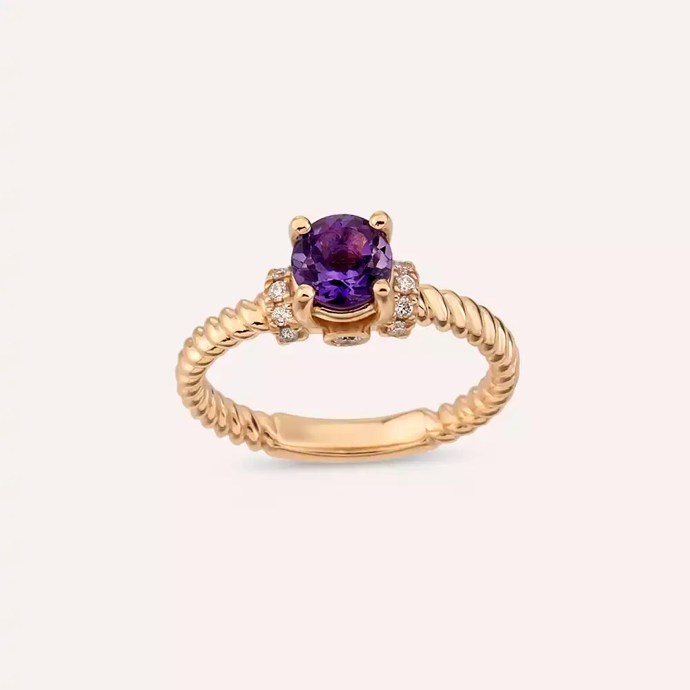 1.00 CT Ametist ve Pırlanta Taşlı Rose Altın Yüzük