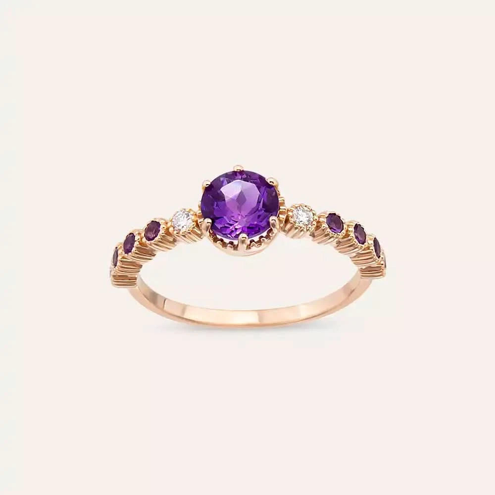 1.00 CT Ametist ve Pırlanta Taşlı Rose Altın Yüzük