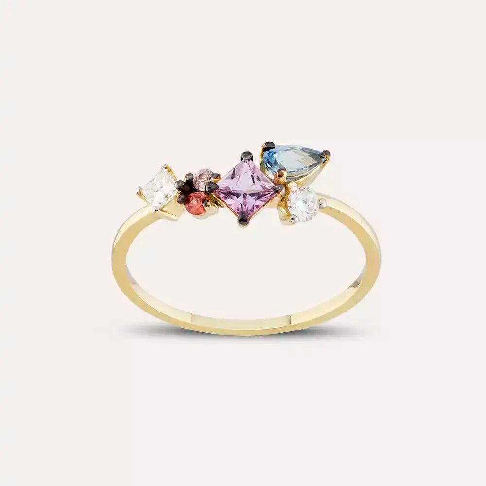 1.00 CT Multicolor Safir ve Pırlanta Taşlı Sarı Altın Yüzük