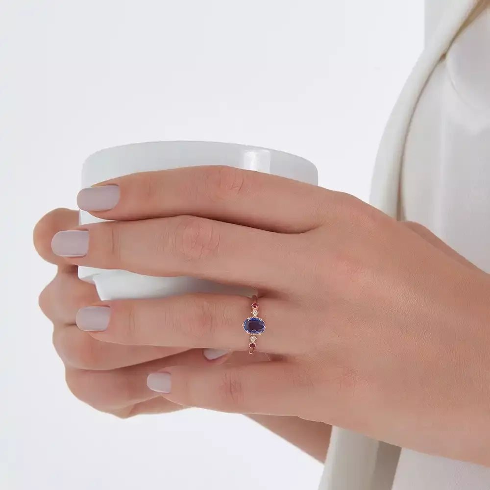 Fiver 1.01 CT Blue Safir ve Pırlanta Taşlı Rose Altın Yüzük