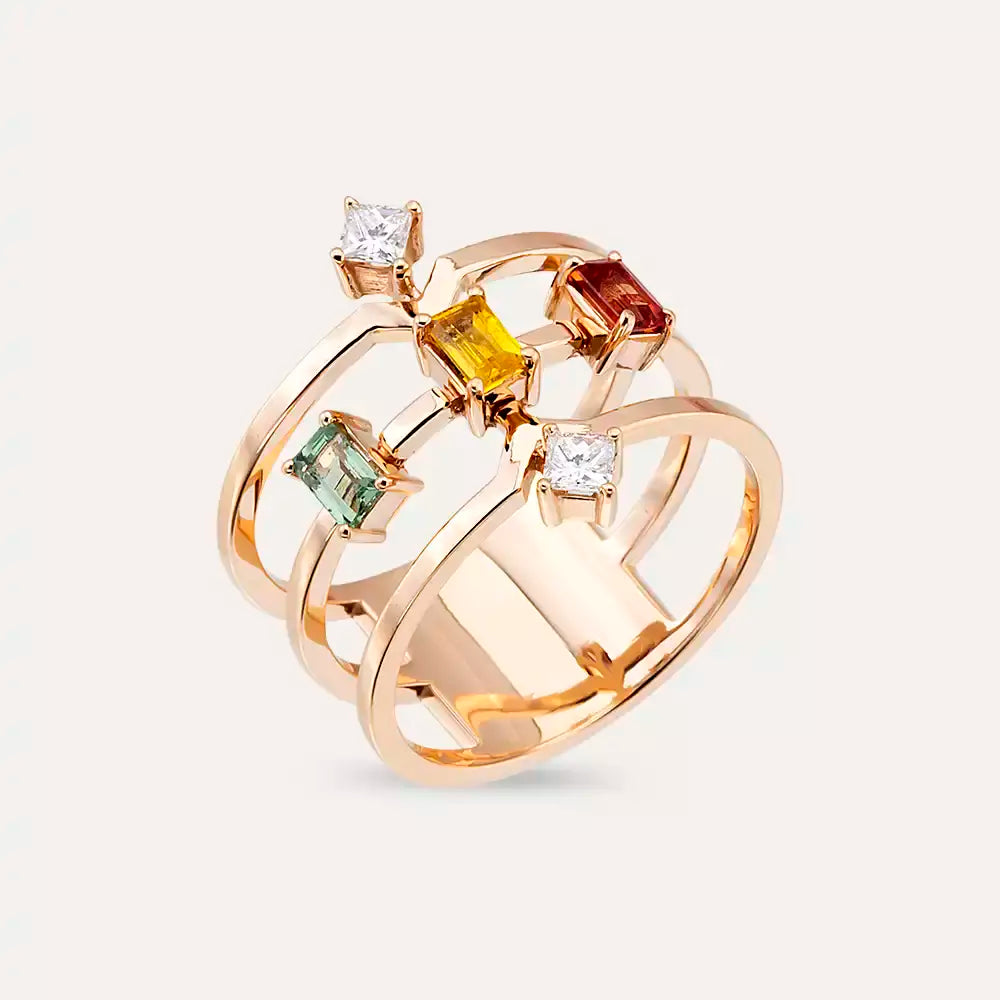 1.01 CT Multicolor Safir ve Pırlanta Taşlı Rose Altın Yüzük