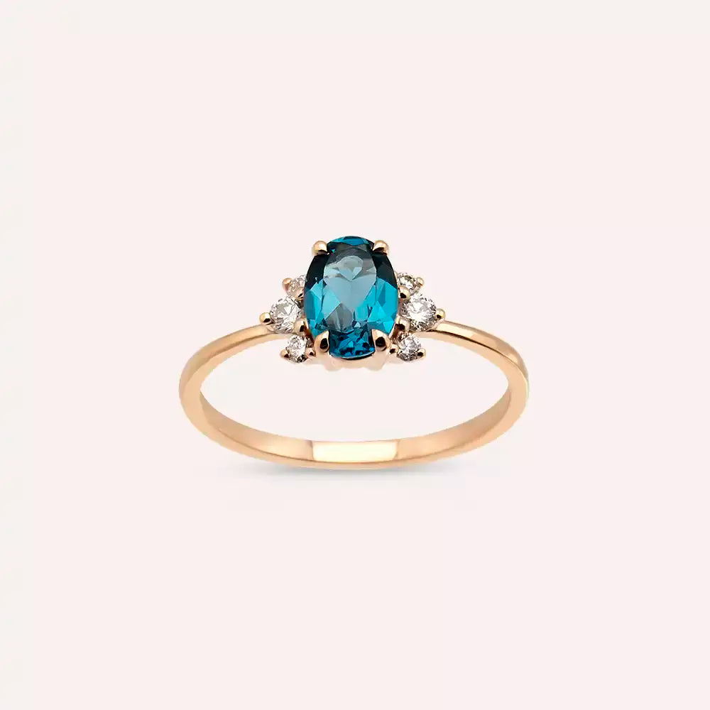 Navy 1.02 CT London Blue Topaz ve Pırlanta Taşlı Rose Altın Yüzük