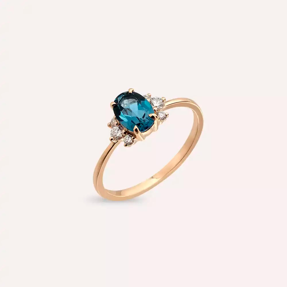 1.02 CT London Blue Topaz ve Pırlanta Taşlı Rose Altın Yüzük