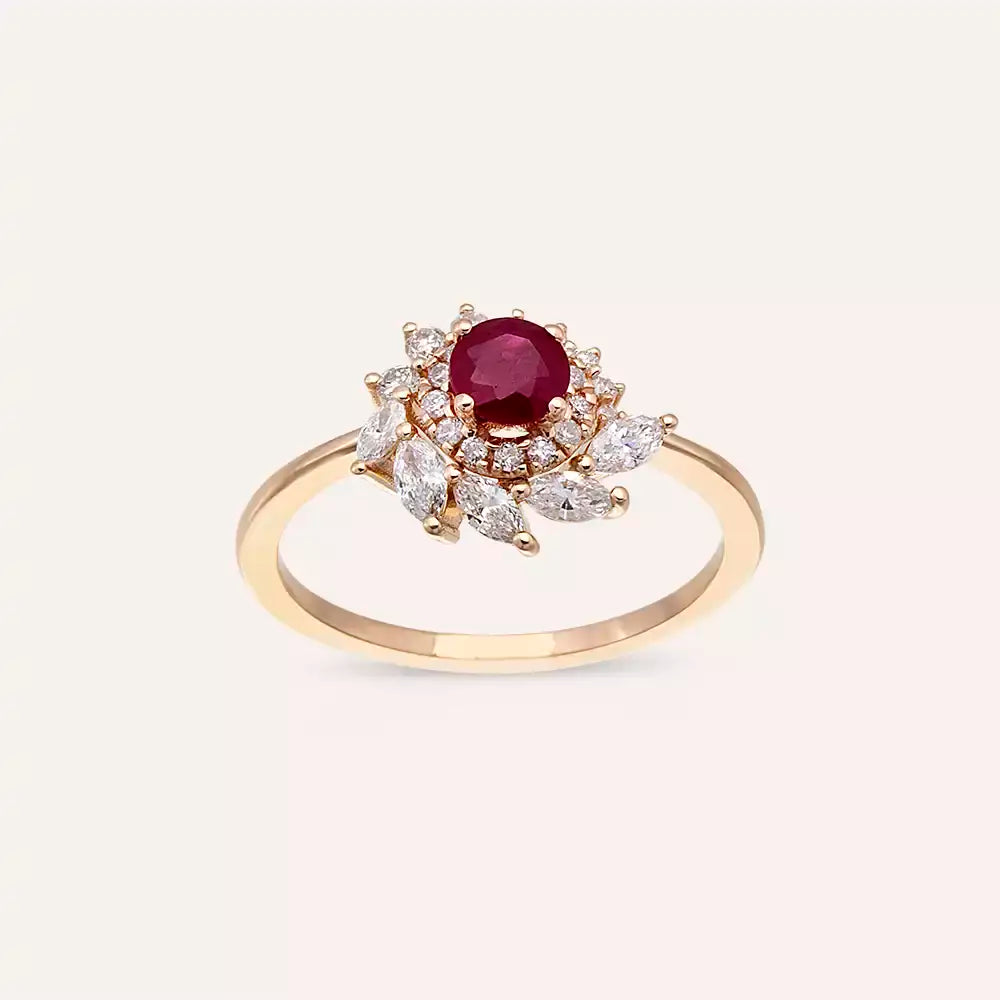 1.02 CT Yakut ve Pırlanta Taşlı Rose Altın Yüzük