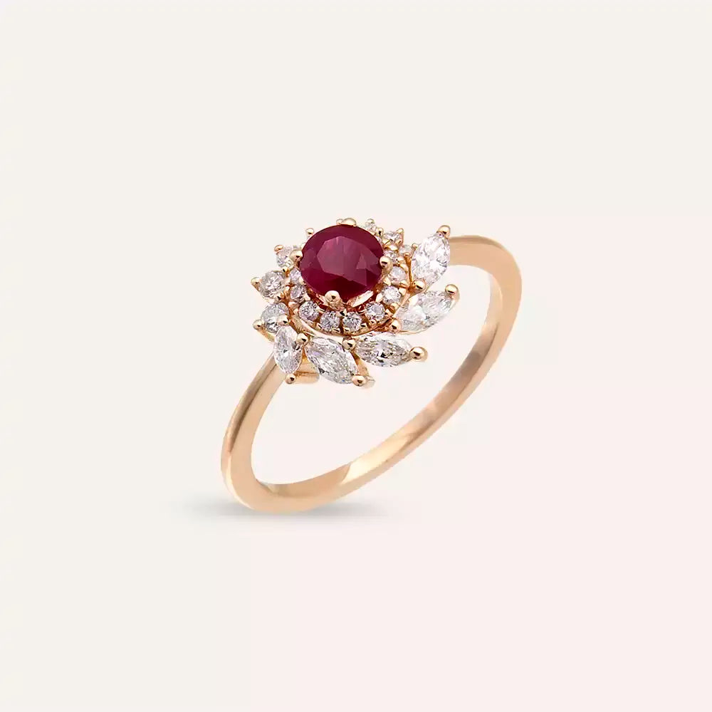 1.02 CT Yakut ve Pırlanta Taşlı Rose Altın Yüzük