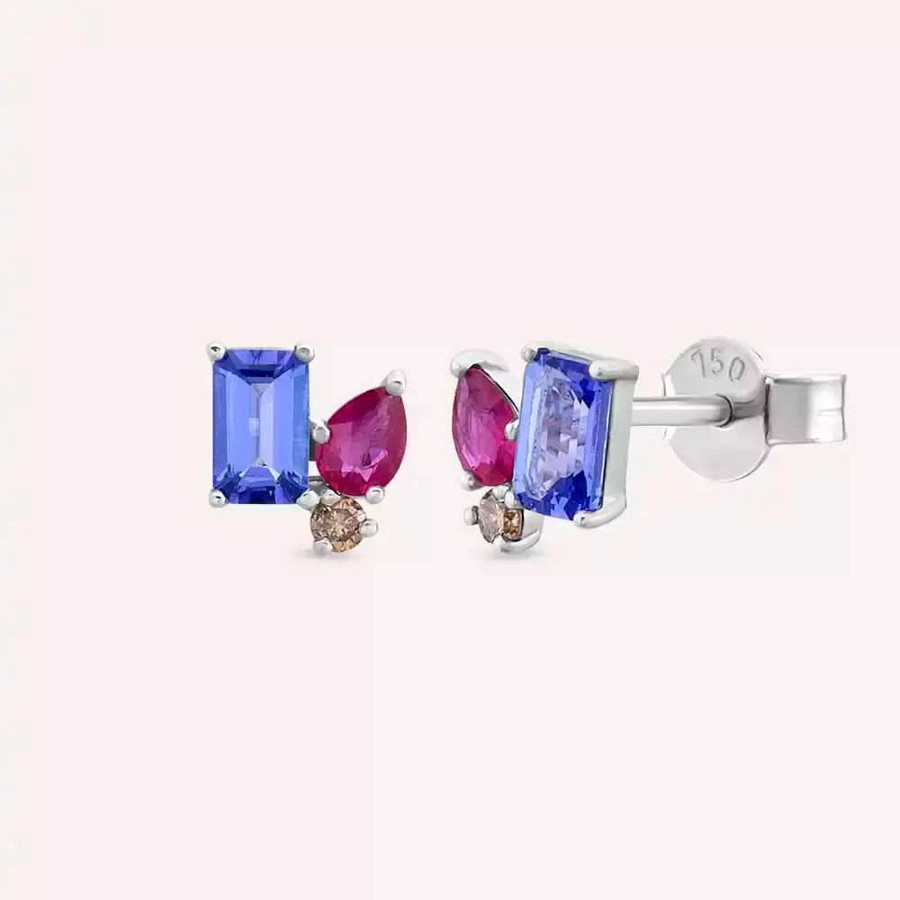 1.06 CT Tanzanit, Yakut ve Kahverengi Elmas Beyaz Altın Küpe