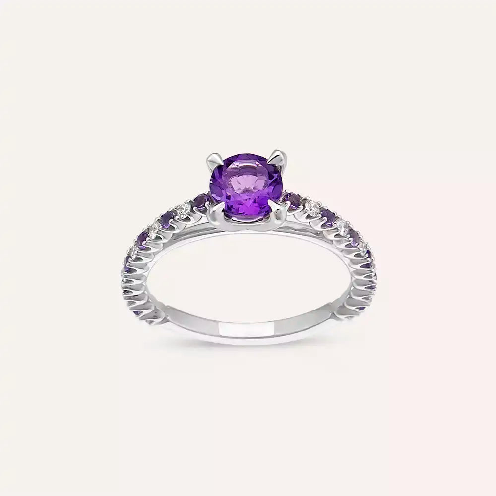 1.07 CT Ametist ve Pırlanta Taşlı Beyaz Altın Yüzük