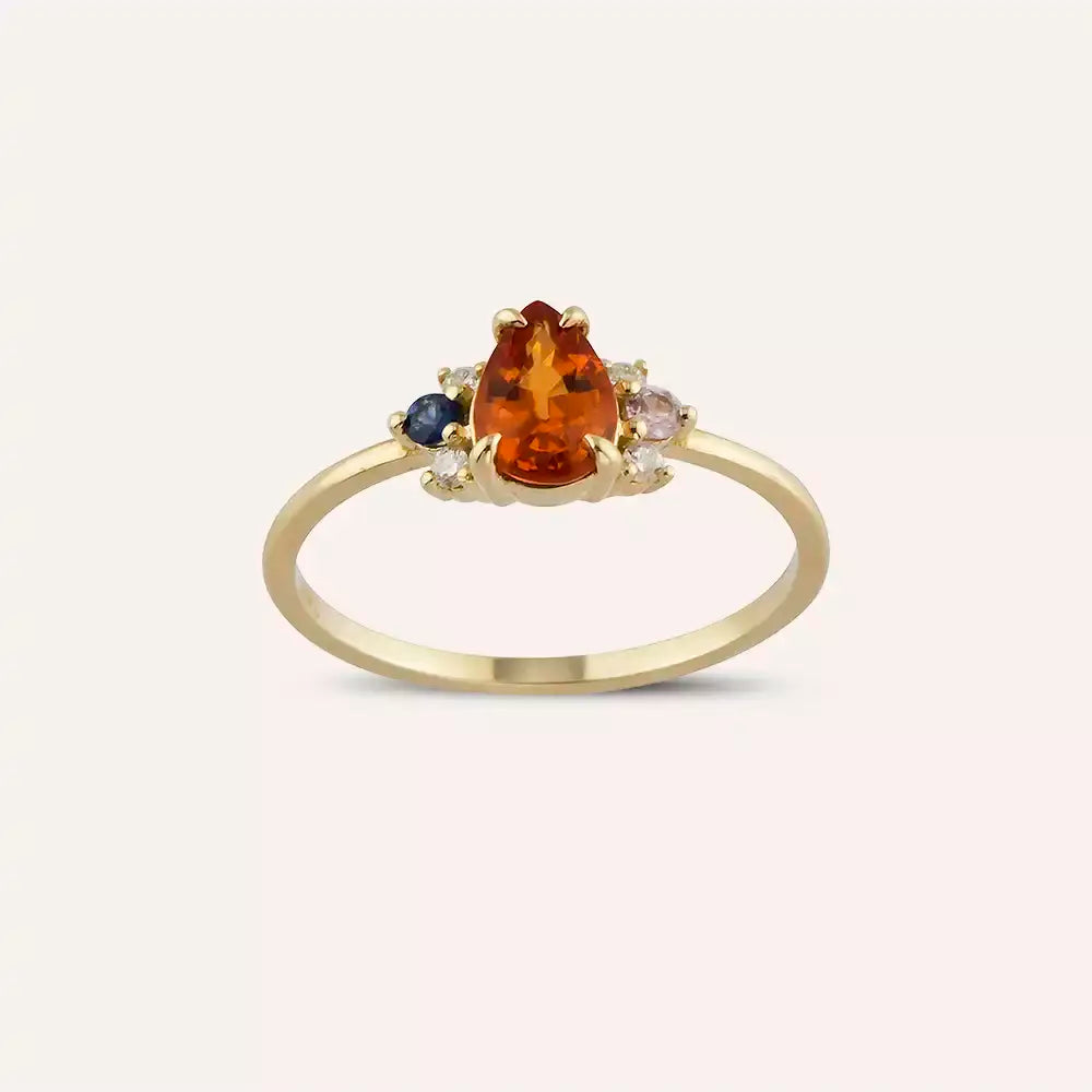 1.07 CT Multicolor Safir ve Pırlanta Taşlı Sarı Altın Yüzük