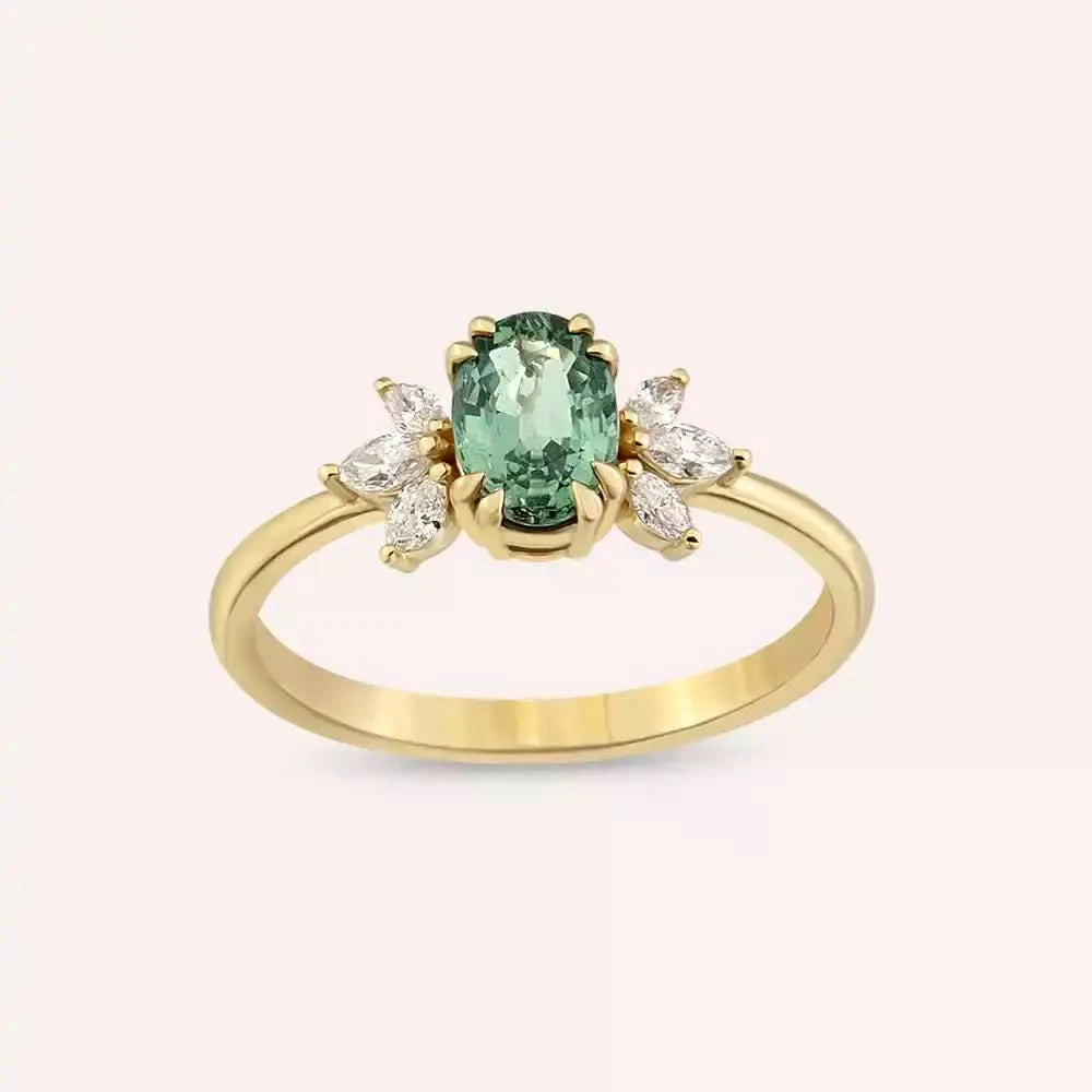 1.15 CT Green Safir ve Markiz Kesim Pırlanta Taşlı Sarı Altın Yüzük