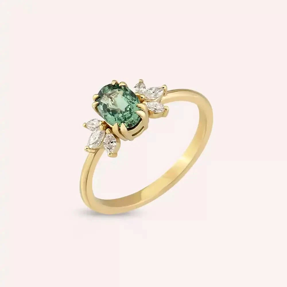 1.15 CT Green Safir ve Markiz Kesim Pırlanta Taşlı Sarı Altın Yüzük