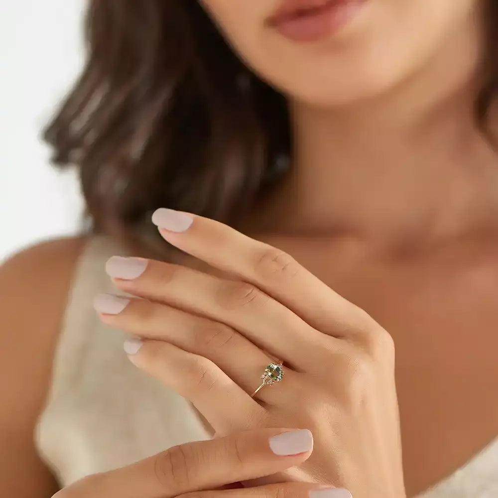 Navy 1.19 CT Green Safir ve Brown Pırlanta Taşlı Rose Altın Yüzük