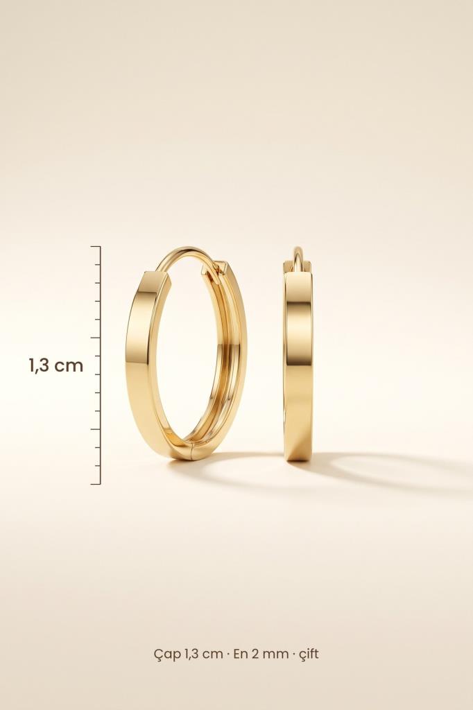 14 Ayar Altın Düz Halka Küpe Gizli Kilitli 1.3 Cm