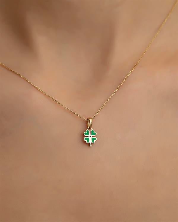 14 Ayar Altın Mineli Yonca Kolye En Küçük Boy