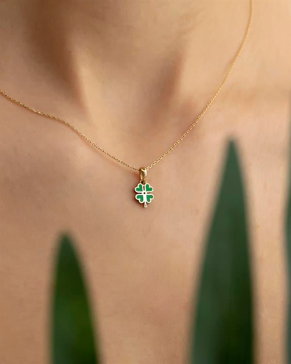 14 Ayar Altın Mineli Yonca Kolye En Küçük Boy