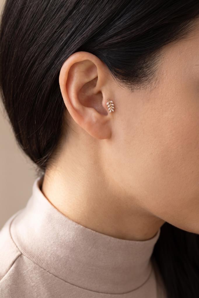 14 Ayar Altın Taşlı Başak Tragus Kıkırdak Piercing