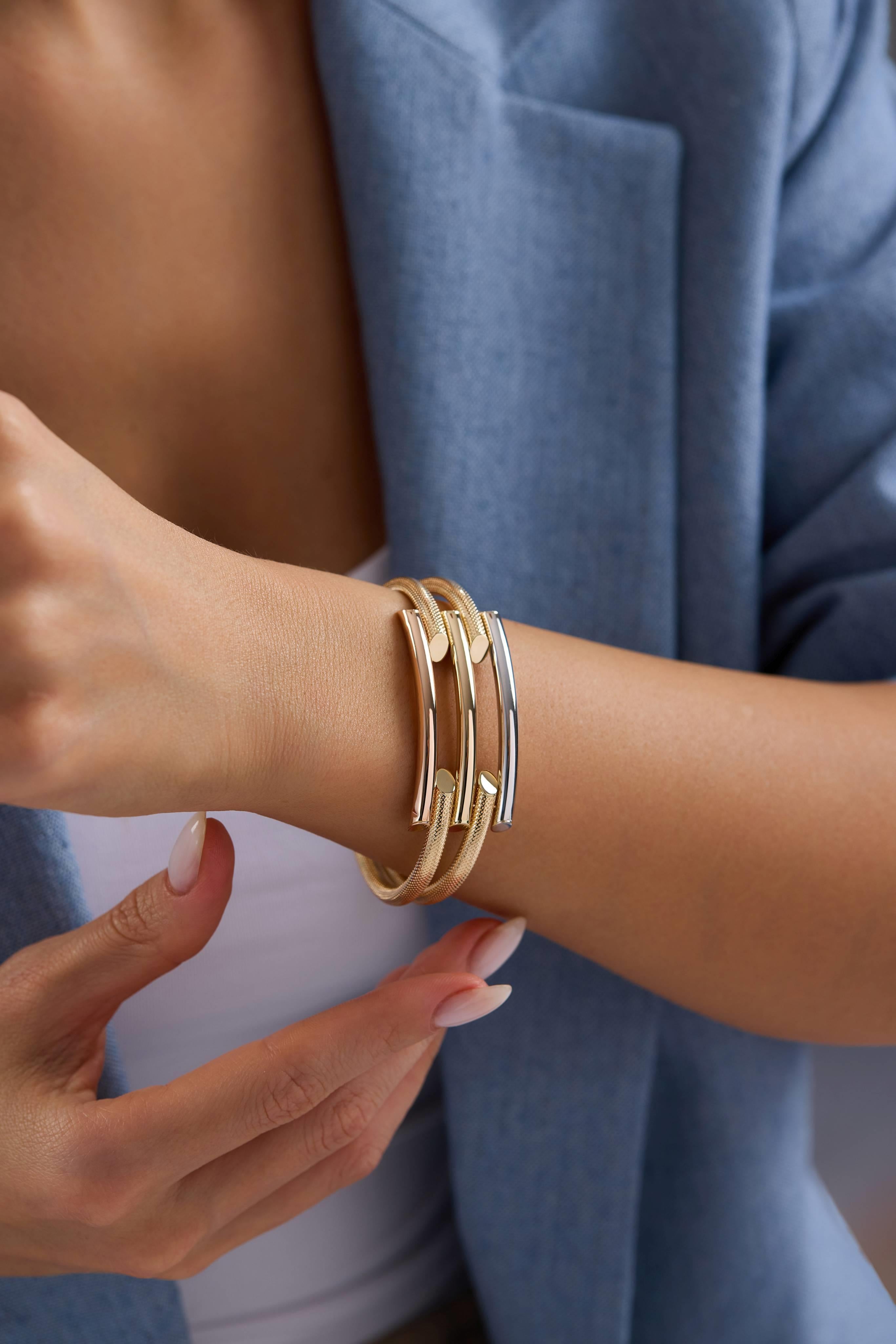 14 Ayar Altın Üç Renk Kaburga Kelepçe Bilezik