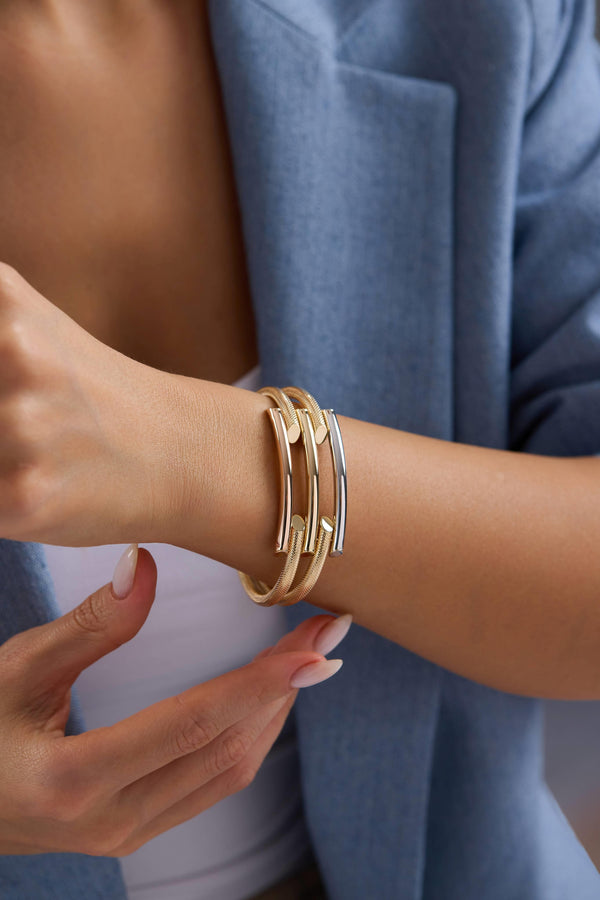 14 Ayar Altın Üç Renk Kaburga Kelepçe Bilezik