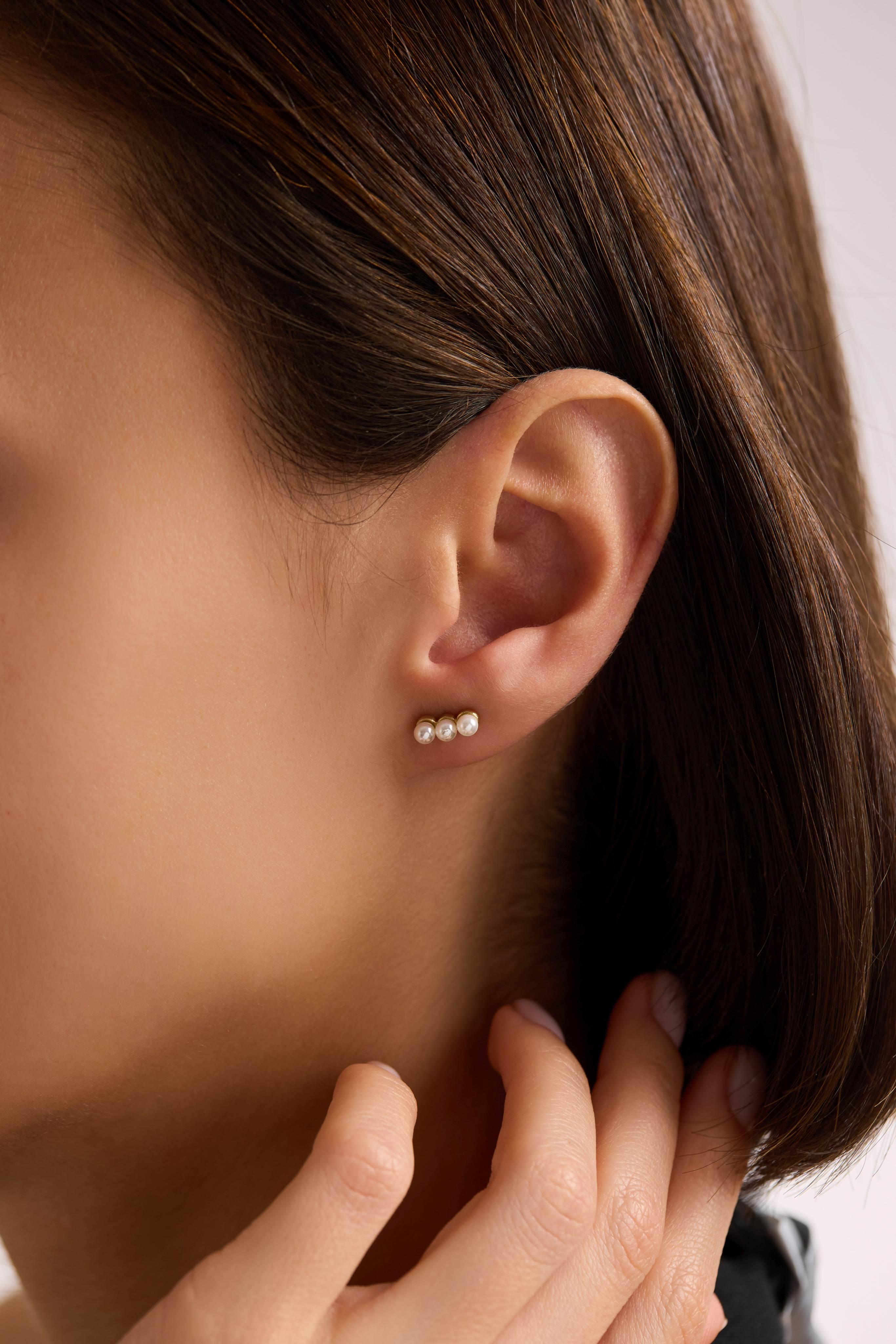 14 Ayar Altın Üç Sıra İnci Küpe