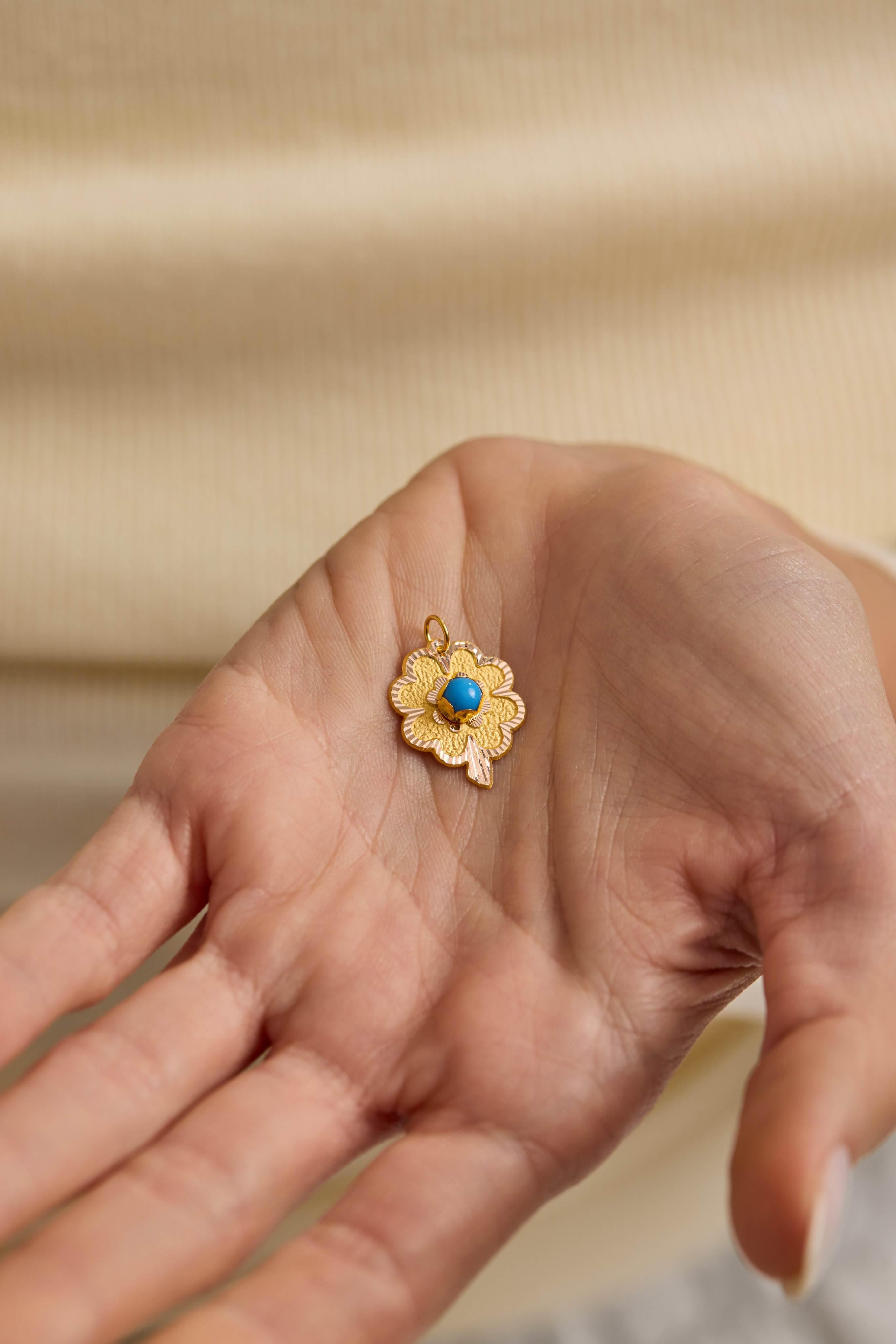 14 Ayar Firuzeli Yonca Altın Kolye Ucu (Küçük Boy)