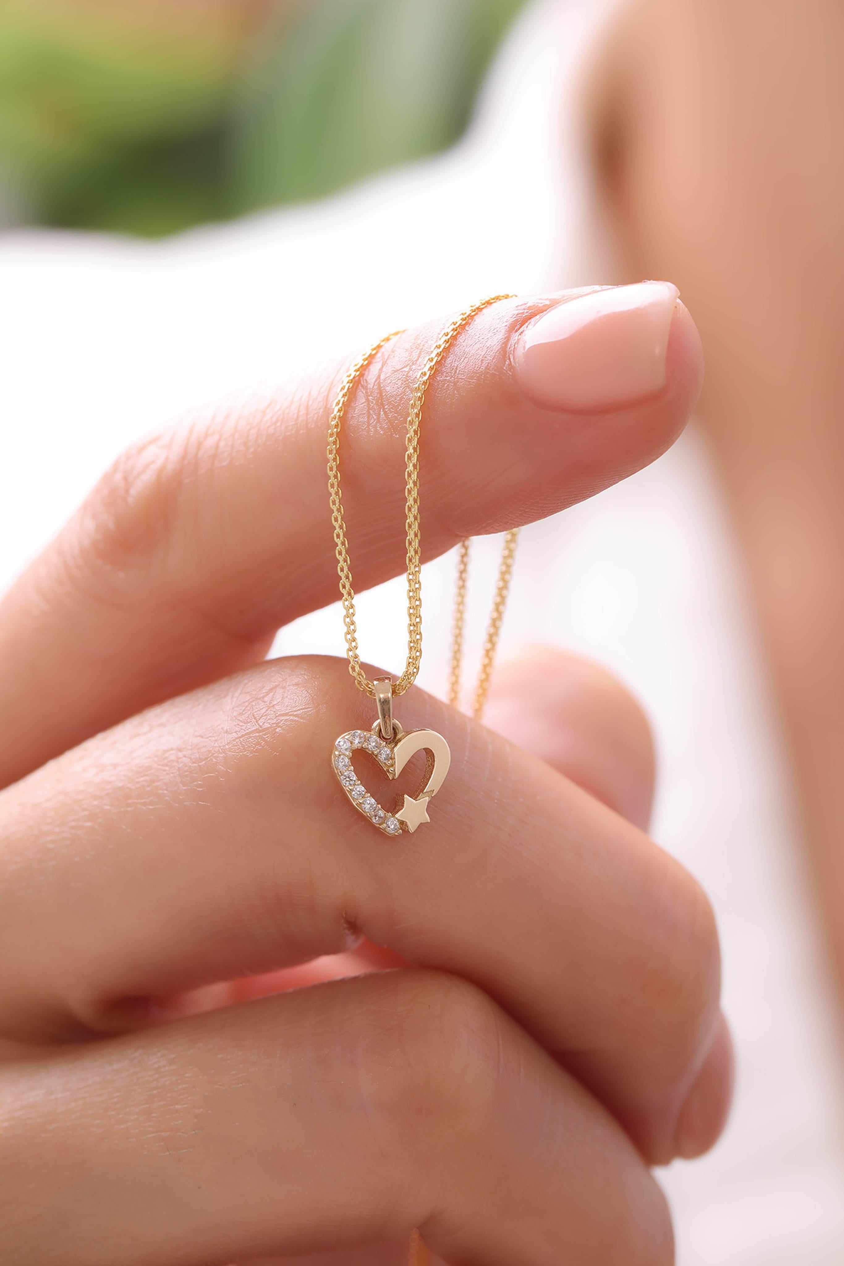 14 Ayar Kalp ve Yıldız Altın Kolye Ucu