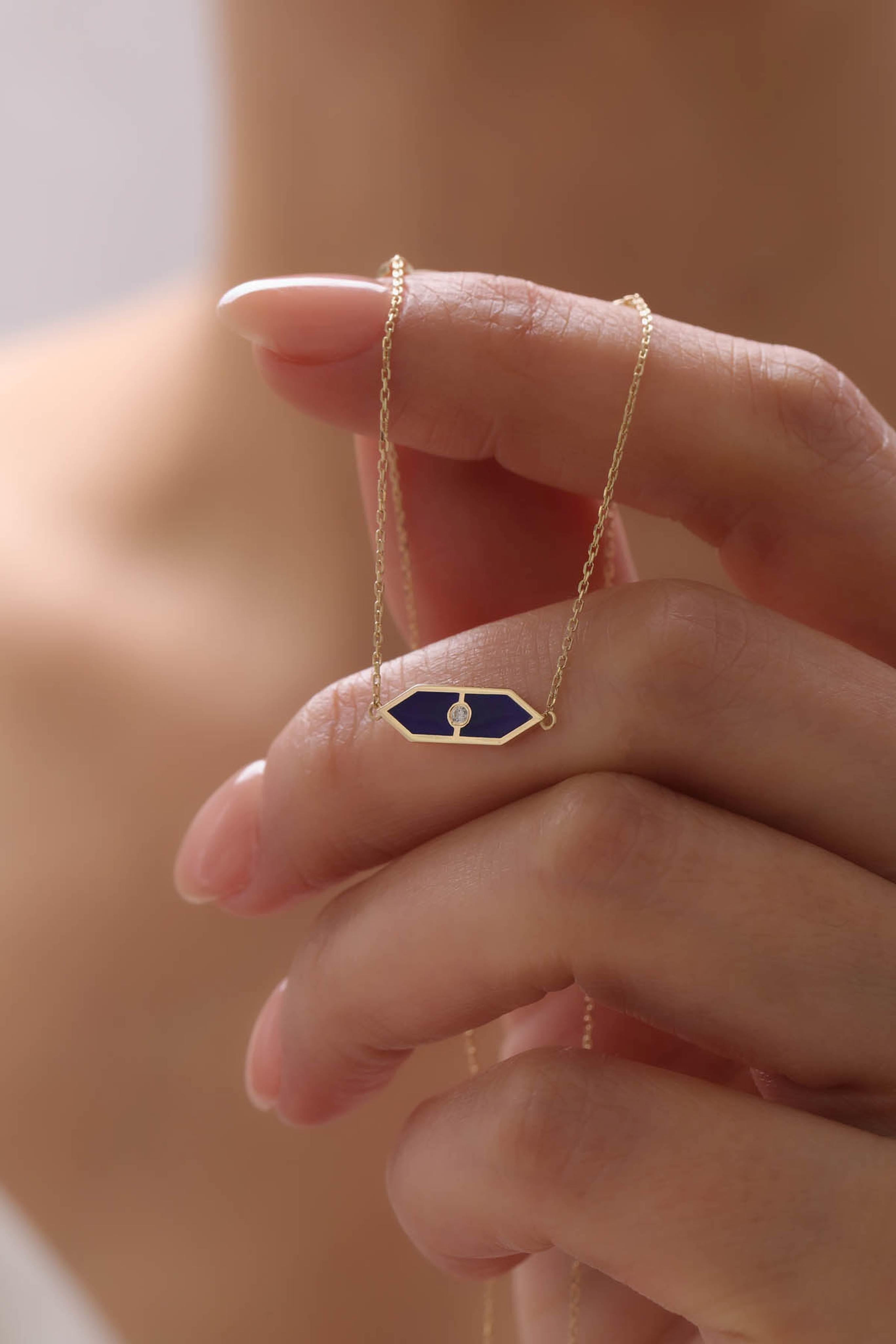 14 Ayar Lacivert Mineli Altın Kolye