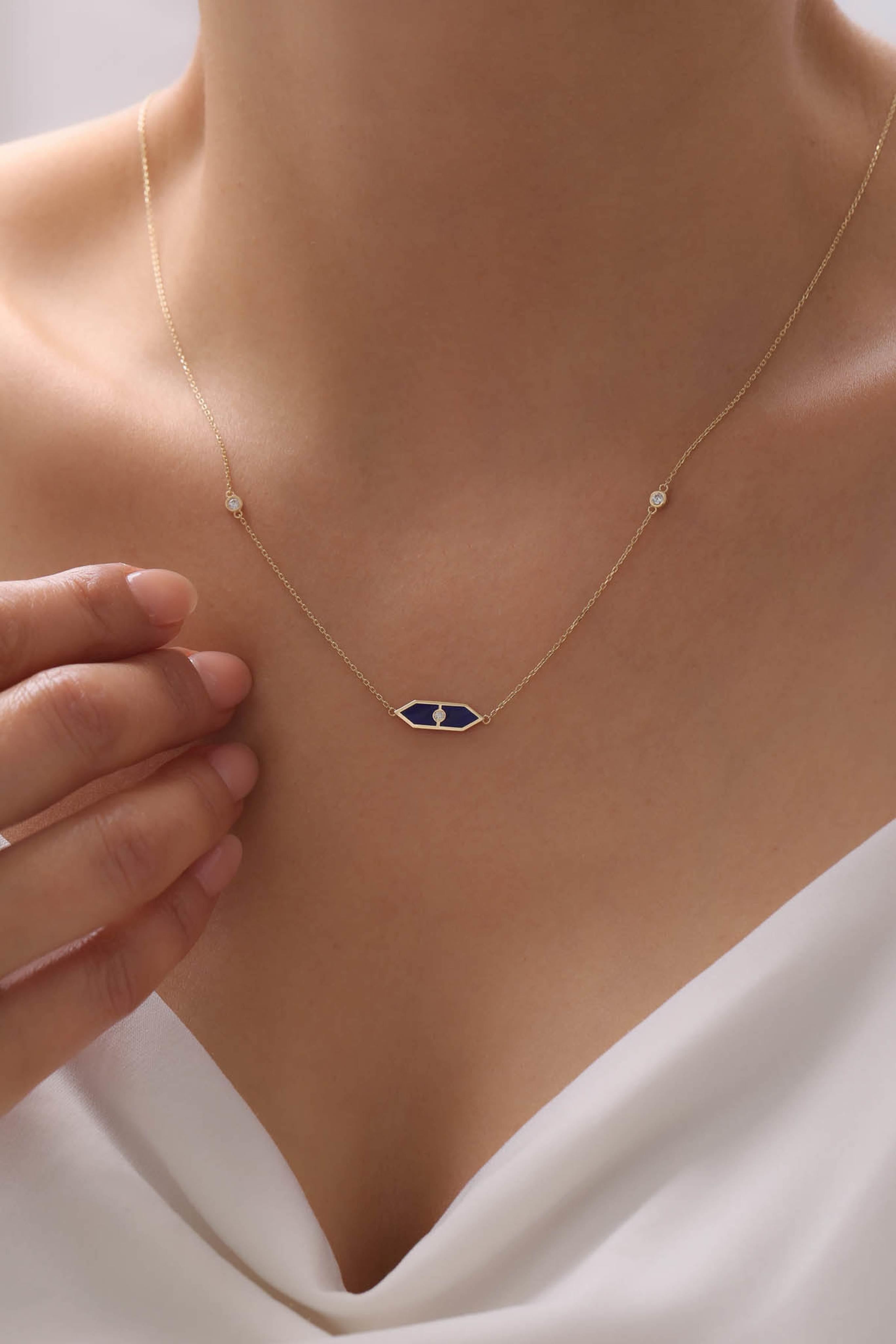 14 Ayar Lacivert Mineli Altın Kolye