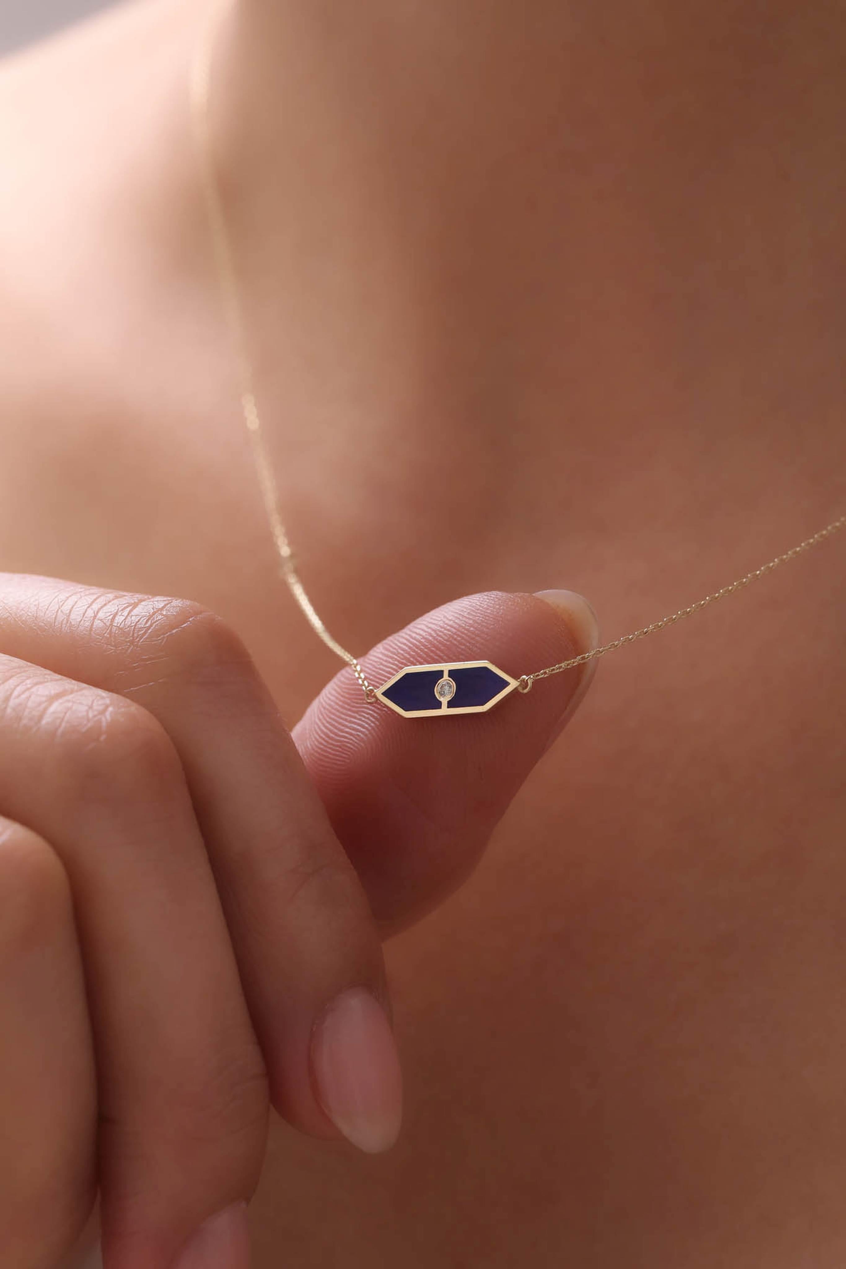 14 Ayar Lacivert Mineli Altın Kolye