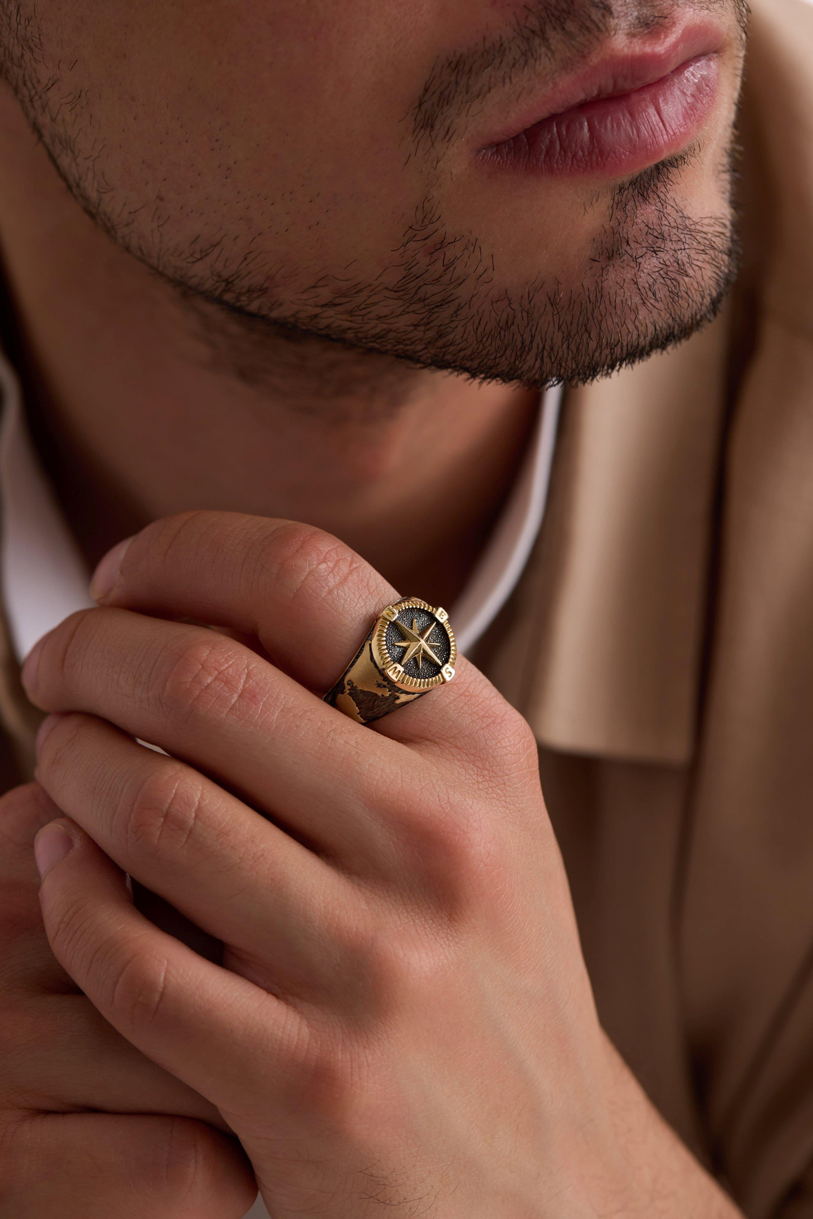 14 Ayar Pusula Erkek Altın Yüzük