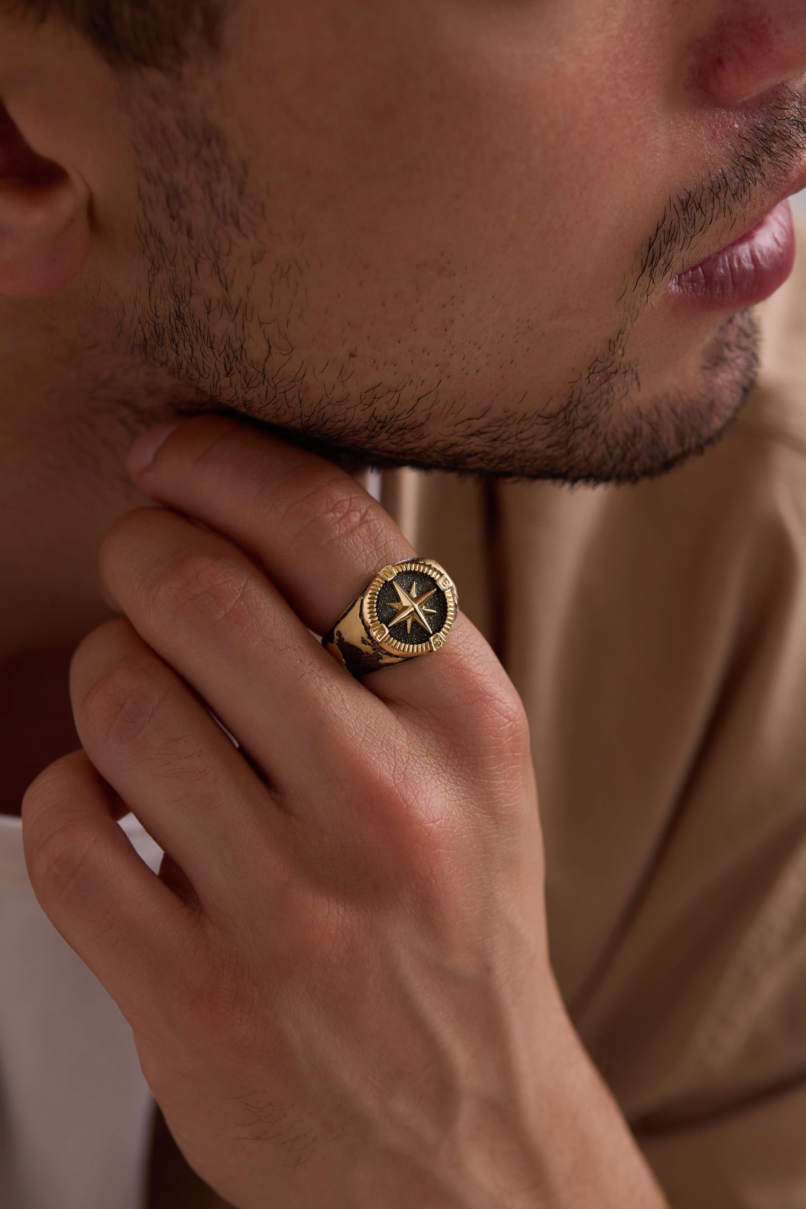 14 Ayar Pusula Erkek Altın Yüzük