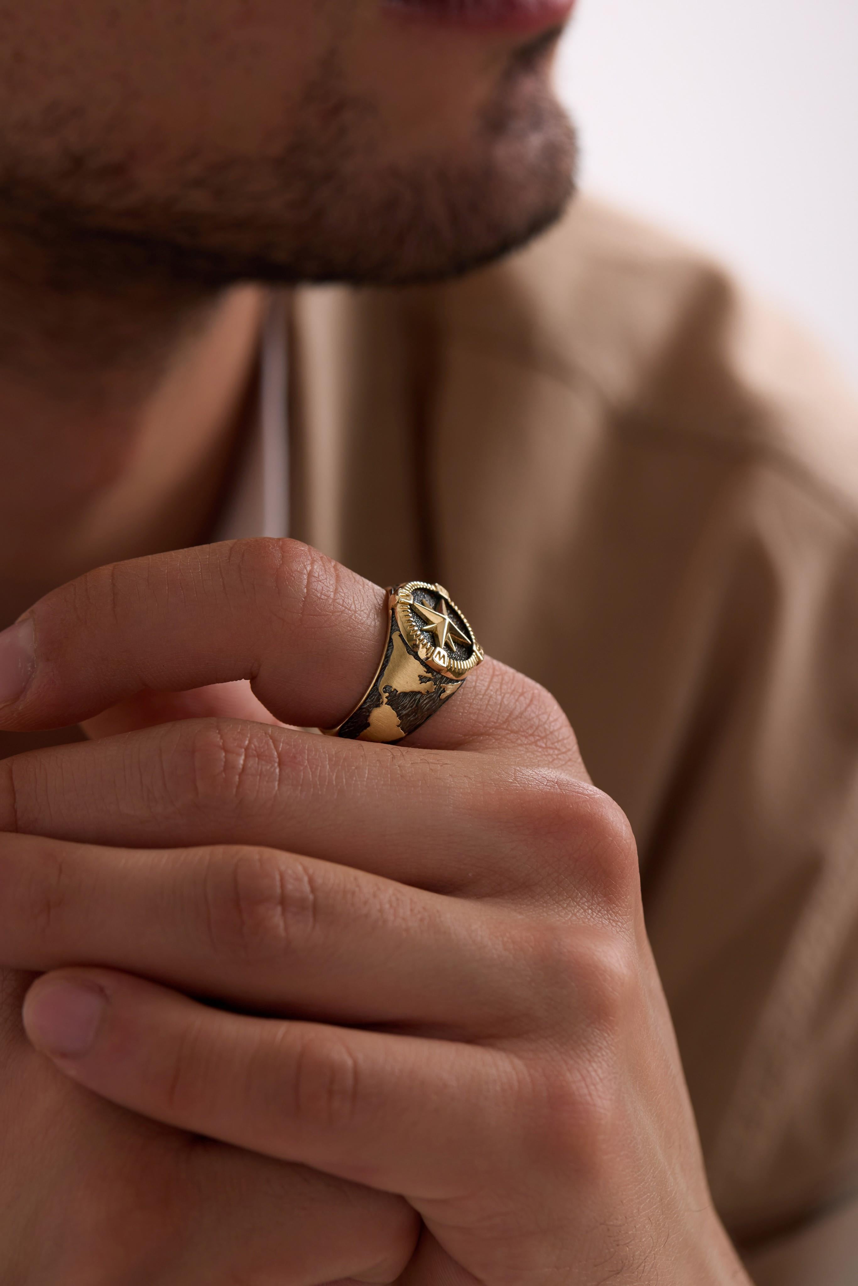 14 Ayar Pusula Erkek Altın Yüzük