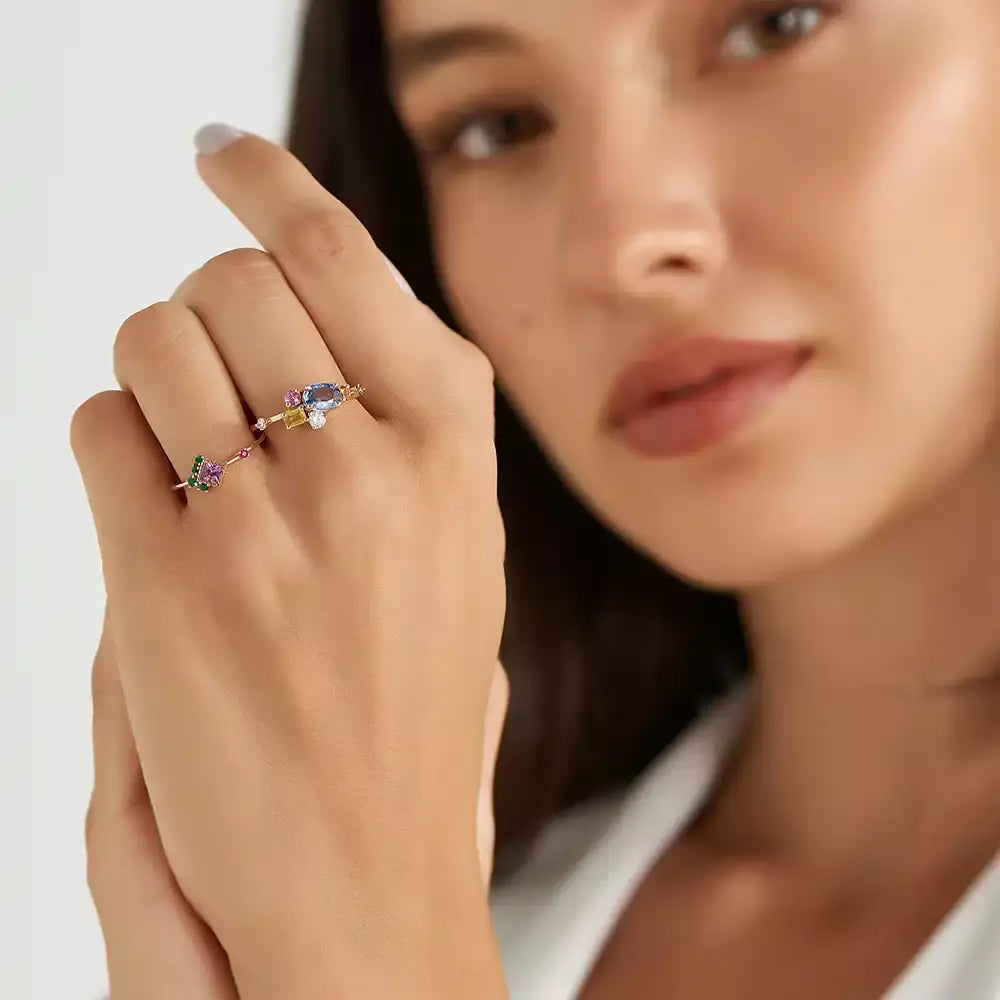 1.41 CT Multicolor Safir ve Brown Pırlanta Taşlı Sarı Altın Yüzük