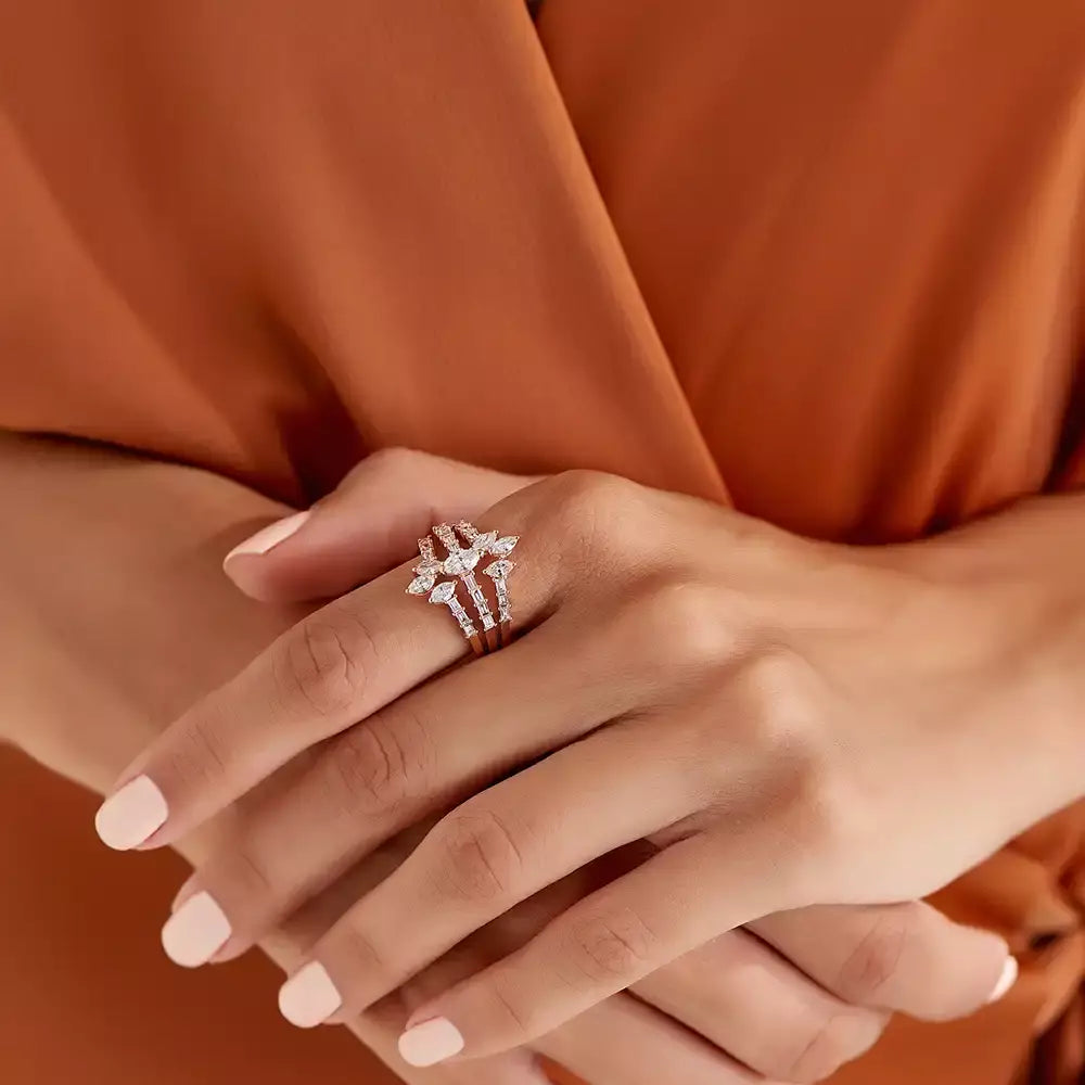 1.43 CT Baget ve Markiz Kesim Pırlanta Taşlı Rose Altın Yüzük