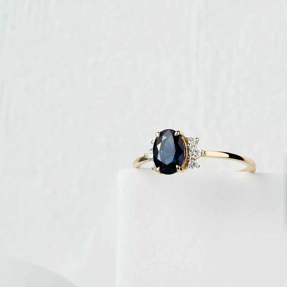 1.43 CT Dark Blue Safir ve Pırlanta Taşlı Sarı Altın Yüzük